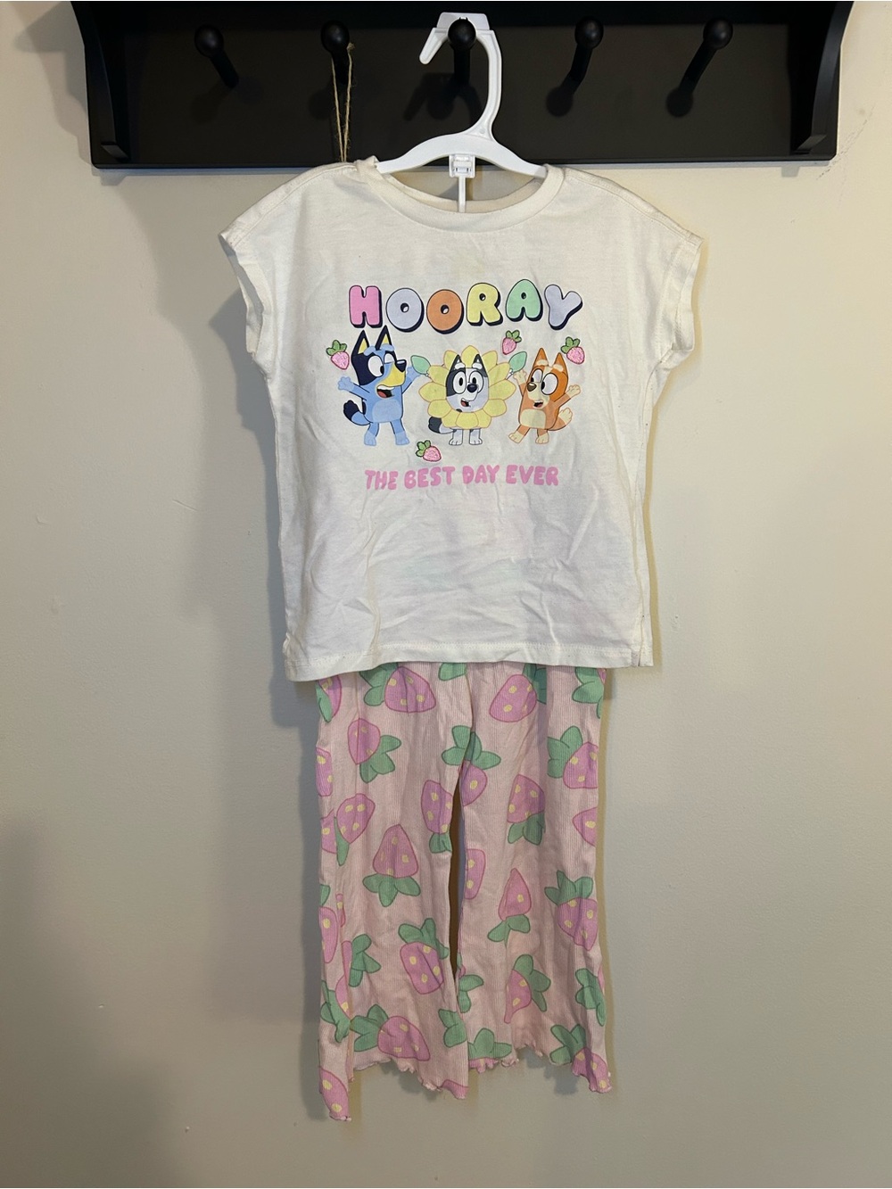 Kids Hooray Graphic Pajama Set - White Top & Pink Strawberry Pants